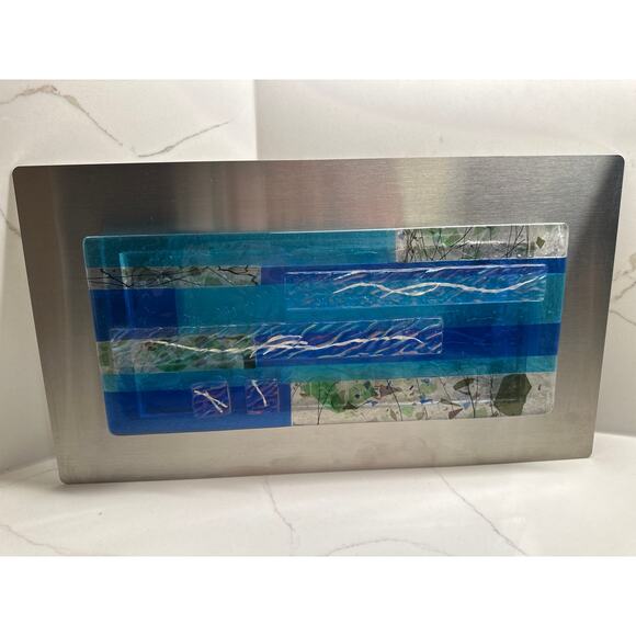 Modern Glass Fusion Original Handmade by Artist 18x10” Art Glass Stainless Steel - Picture 2 of 9
